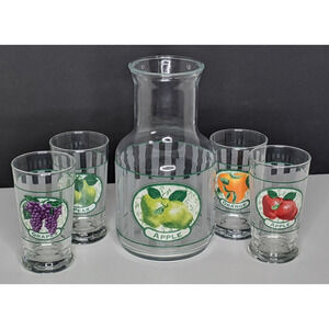 Vintage Juice Carafe and 4 Glasses Fruits Cute